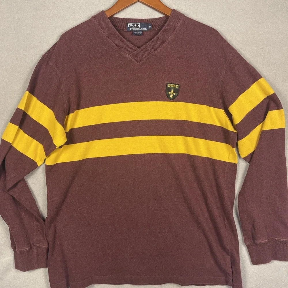 Polo Ralph Lauren Sweater Mens XL Wool Maroon Striped Embroidered Preppy Classic